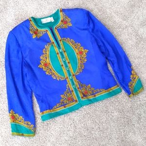 GORGEOUS Vintage Adrianna Papell Jewel Tone Scarf Print Silk Jacket, Size 12 💎